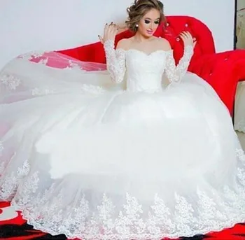 2015 Гламурные свадебные платья Принцессы с длинными рукавами и аппликацией с открытыми плечами