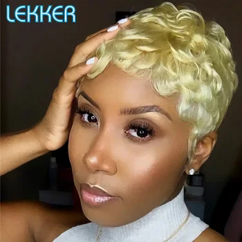 Lekker 613 Блонд Короткие Кудрявые Человеческие Волосы Пикси Парик Для Женщин С Волнами На Пальцах Боб Бразильские Волосы Remy Бесклеевые Цветные Синие Парики