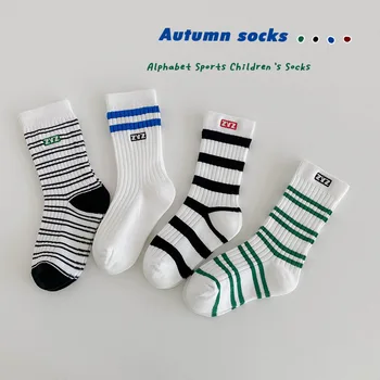 Детские носки длиной до середины икры, осенние хлопковые спортивные носки для мальчиков и девочек, Детские уютные Классические школьные носки в полоску
