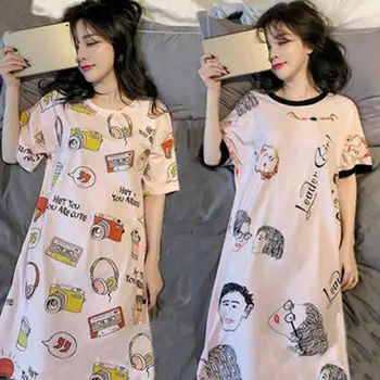 Женская Пижама с короткими рукавами, Ночные рубашки из искусственного Шелка, Летние Ночные рубашки с героями мультфильмов, Домашняя одежда, Платье для сна для девочек