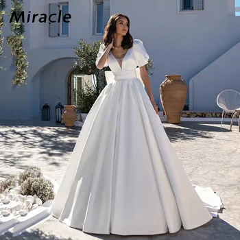 Роскошное свадебное платье трапециевидной формы, Благородное свадебное платье с V-образным вырезом, Соблазнительный халат невесты с открытой спиной, красивый бант с коротким рукавом, Vestidos De Novia